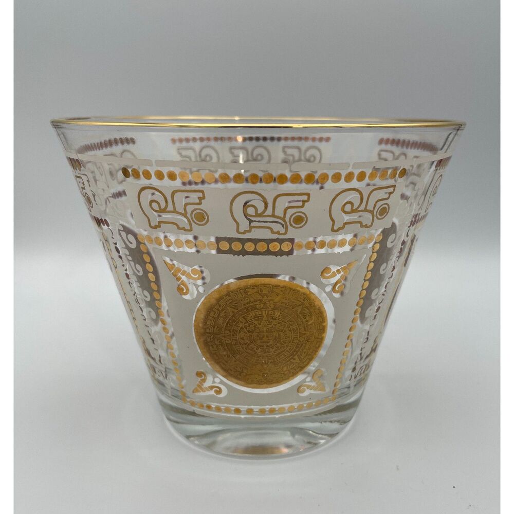 Hazel Atlas Mid Century Gold Medallion Aztec Mayan Glass Ice Bucket Bowl